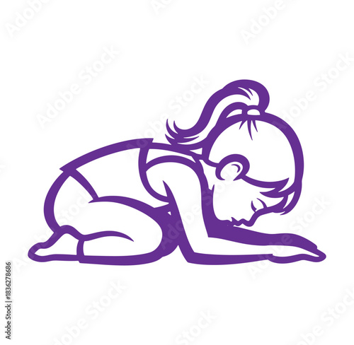 Purple line art illustration of a young girl in the prayer or humble position