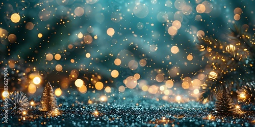 Abstract Panoramic Bokeh Lights Overlay, Blue and Gold Glitter Effect
