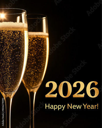 Bubbly champagne glasses on black background, celebrating the arrival of 2026 and New Year