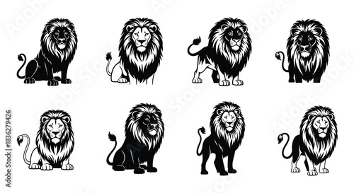 Eight black and white illustrations of majestic lions in various poses