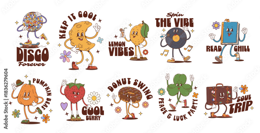 Fototapeta premium Retro funky Y2K groovy hippie characters stickers with funny funky personages, vector t shirt prints. Cartoon groovy stickers with hippie vinyl and disco ball, freaky clover and moon in cool vibes