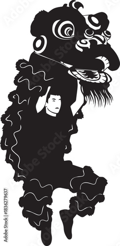 Person in silhouette performing traditional chinese lion dance