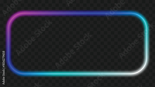 Abstract gradient square neon frame with glowing lighting effects in purple, blue, sky and white gradient color. Glowing neon light. Neon frame with rounded corners.