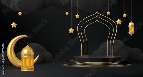 3D Ramadan Kareem podium stage for Muslim holiday with golden Arabic arch, vector background. Ramadan Kareem podium stage with Arab lantern lamps, crescent moon and stars in clouds for greeting card