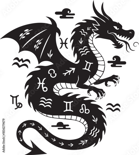 Mystical dragon silhouette adorned with zodiac symbols