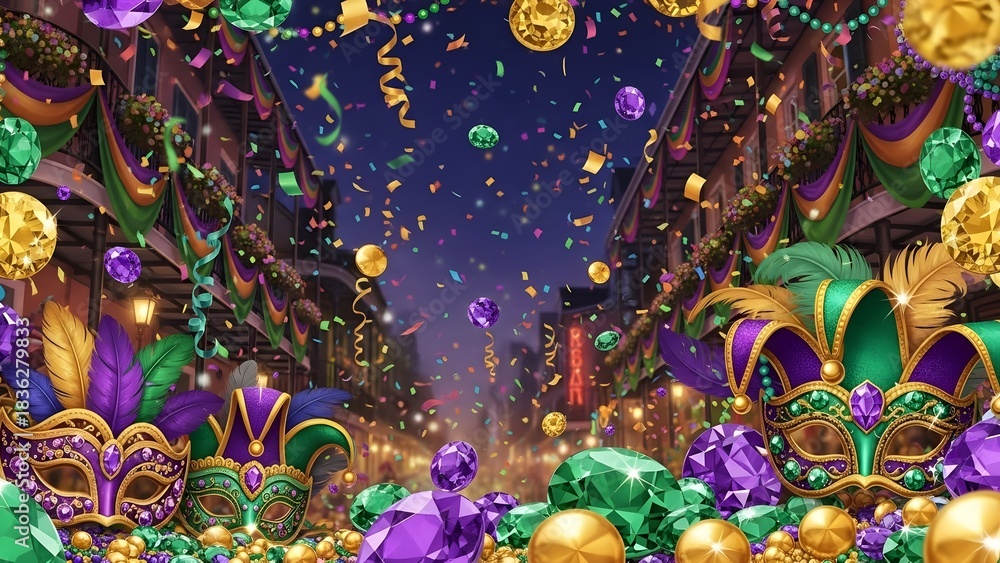 Naklejka premium Festive Carnival Celebration: A vibrant and immersive panorama captures the essence of a lively carnival, adorned with elaborate masks, dazzling beads, and a cascade of confetti.