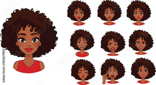 Curly hair female character, cartoon avatar expressions, African American woman face emotions, vector portrait illustration, diverse moods for emoji design