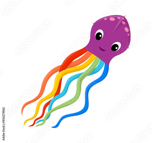 Cartoon paper kite shaped as octopus with a purple head and big cartoon eyes, featuring long rainbow tentacles flowing behind. Cute vector kids toy for happy game and traditional entertainment
