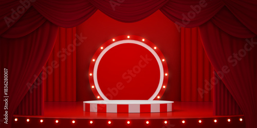 3d circus podium stage striped round platform placed in front of red draped curtains. Circle pedestal platform with light bulb ring. Circus show, theater, casino and party glowing podium stand