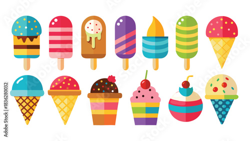 A colorful clipart set featuring various ice cream cones and sundaes in different flavors and styles..eps