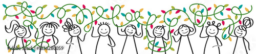 Happy stick figures holding colorful string lights, festive holiday vector Banner