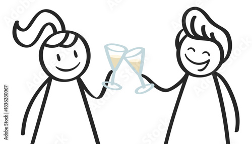 Stick figures toasting with champagne, man and woman smiling and celebrating