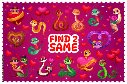 Find two same Valentine lovely snakes, game worksheet for kids, vector puzzle quiz. Find two same pictures of cartoon funny snake characters with Valentine hearts and flowers for game worksheet