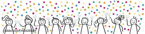 Cheerful stick figures toasting with champagne, festive celebration vector banner