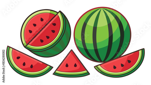 A collection of watermelon clipart images featuring bright green skin and red interior, emphasizing freshness and summer vibes..eps