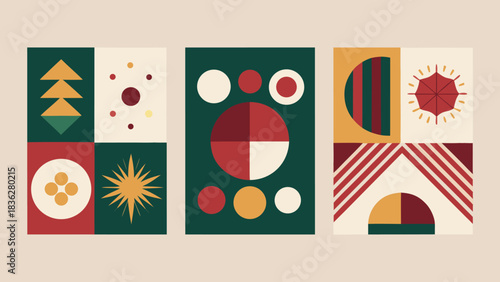 holiday cards adorned with vibrant geometric designs, perfect for Christmas greetings..eps