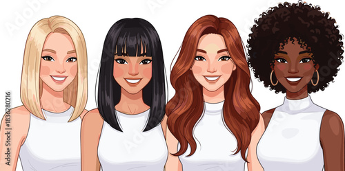 Diverse women characters, smiling female friends, vector illustration portrait, stylish hairstyles, casual white tops, group beauty, friendship concept art icons