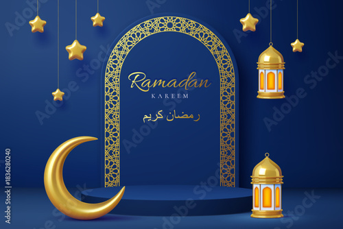 3d ramadan kareem podium stage with golden crescent and hanging stars and islamic lanterns. Vector arab motif on golden arch with text. Realistic vector banner with navy blue platform and background