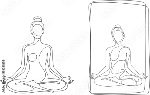 Minimalist single line vector drawing depicting a person in yoga meditation pose.