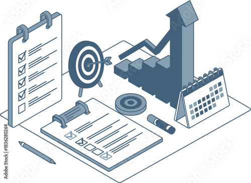 isometric business plan with target and calendar clip art preview