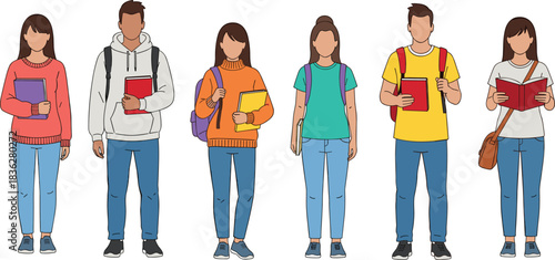 Group of students standing together holding books, college education illustration, diverse teenagers wearing backpacks, school learning concept, cartoon characters