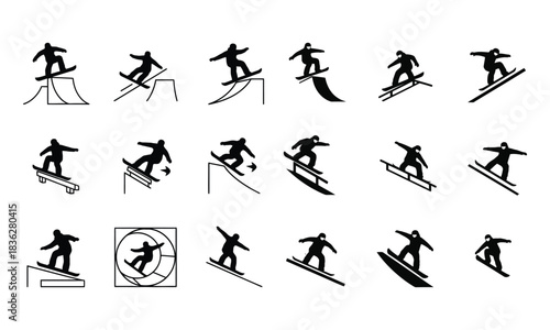 Snowboarder silhouettes and action icons set for winter sports designs