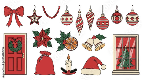 A charming hand-drawn collection of traditional Christmas and holiday illustrations, encompassing classic festive decorations and winter season elements to inspire joyful celebrations