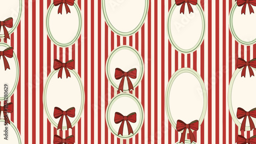 Festive Red and White Striped Background with Ornate Oval Frames and Red Bows - Seamless Pattern Design
