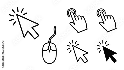 Collection of essential computer mouse cursor icons illustrating various click actions and digital pointer symbols for user interface design and interactive applications