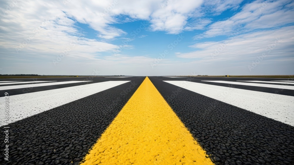 Naklejka premium Empty airport runway with clear yellow and white markings under a bright blue sky with clouds.
