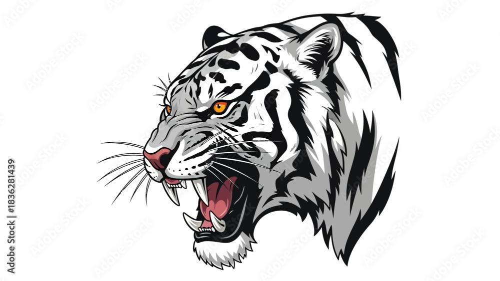 Obraz premium Majestic white tiger head illustration roaring fiercely with glowing orange eyes, embodying raw power and untamed wildlife spirit