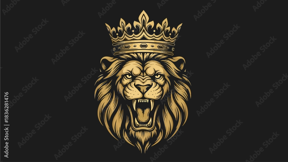Fototapeta premium Vector illustration of a fierce crowned lion's head, an emblem of ultimate power, majesty, and unyielding strength on a dark background, perfect for logos or impactful graphic designs