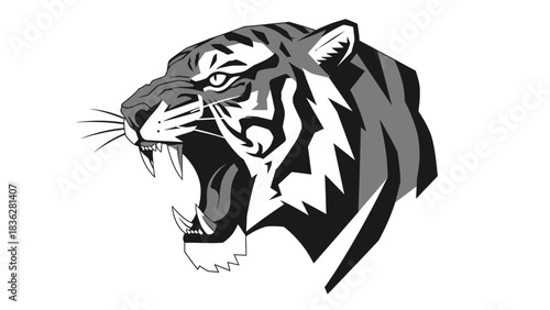 Dynamic illustration of a powerful tiger head with an open mouth and sharp fangs, embodying strength and ferocity in a striking monochromatic design
