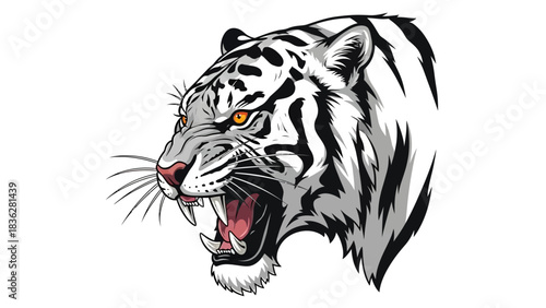 Majestic white tiger head illustration roaring fiercely with glowing orange eyes, embodying raw power and untamed wildlife spirit
