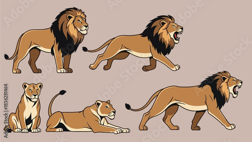 A collection of diverse lion illustrations showcasing different poses and actions, including standing, walking, and roaring