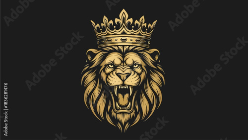 Vector illustration of a fierce crowned lion's head, an emblem of ultimate power, majesty, and unyielding strength on a dark background, perfect for logos or impactful graphic designs