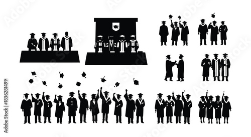 Silhouettes of graduating students celebrating their achievement with caps and gowns