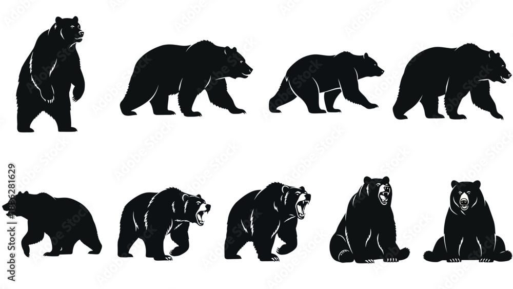 Obraz premium Collection of black bear silhouettes in various dynamic poses. Vector illustration set with walking, standing, and roaring grizzly figures for icons or logos