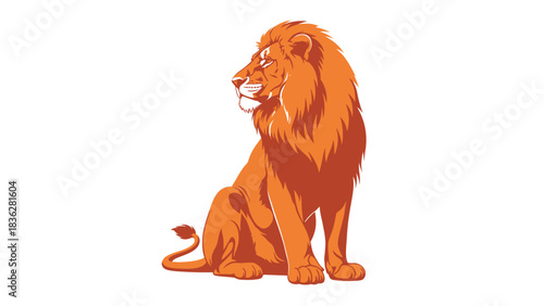 Stylized graphic of a powerful orange lion, the king of beasts, in a majestic pose. This vector icon represents courage, nobility, and pride