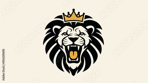 Stylized vector illustration of a roaring lion king with a golden crown. A powerful and majestic emblem symbolizing strength and royalty