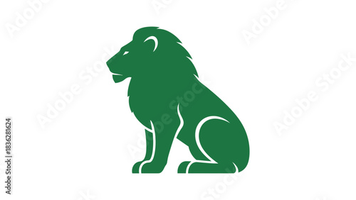 A powerful green lion in a seated pose, depicted as a simple and elegant vector silhouette. This majestic animal icon symbolizes strength, royalty, and nature