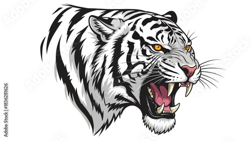 Vector art of an aggressive white tiger head with glowing eyes, baring its fangs in a powerful roar, showcasing its detailed whiskers