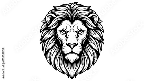 A powerful and majestic lion head illustration with a fierce gaze, rendered in a detailed black and white line art style for a logo or emblem