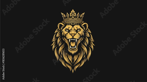 A majestic roaring lion's head wearing a royal crown, presented in a luxurious golden vintage emblem style on a dark background
