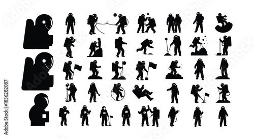 Collection of black silhouettes depicting people film reels and movie related elements