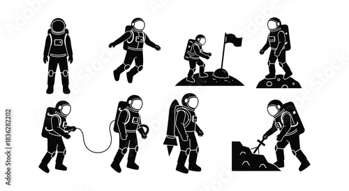 Collection of black silhouettes depicting people film reels and movie related elements