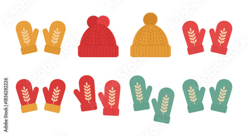 Winter accessories including stylish hats and mittens illustrated in flat vector style, ideal for seasonal fashion designs, clothing promotions