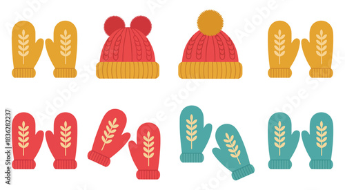Winter accessories including stylish hats and mittens illustrated in flat vector style, ideal for seasonal fashion designs, clothing promotions