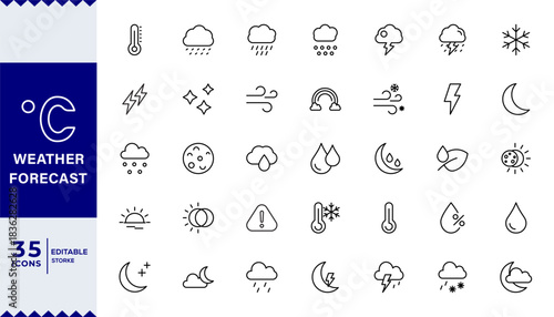 Pixel Perfect,Weather Forecast line editable icon set. sun, rain, snow, cloud, humidity, cloudy, rainy season,Weather , clouds, sunny day, moon, snowflakes, wind, sun day. Vector illustration