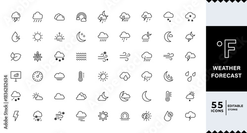 Pixel Perfect,Weather Forecast line editable icon set. sun, rain, snow, cloud, humidity, cloudy, rainy season,Weather , clouds, sunny day, moon, snowflakes, wind, sun day. Vector illustration